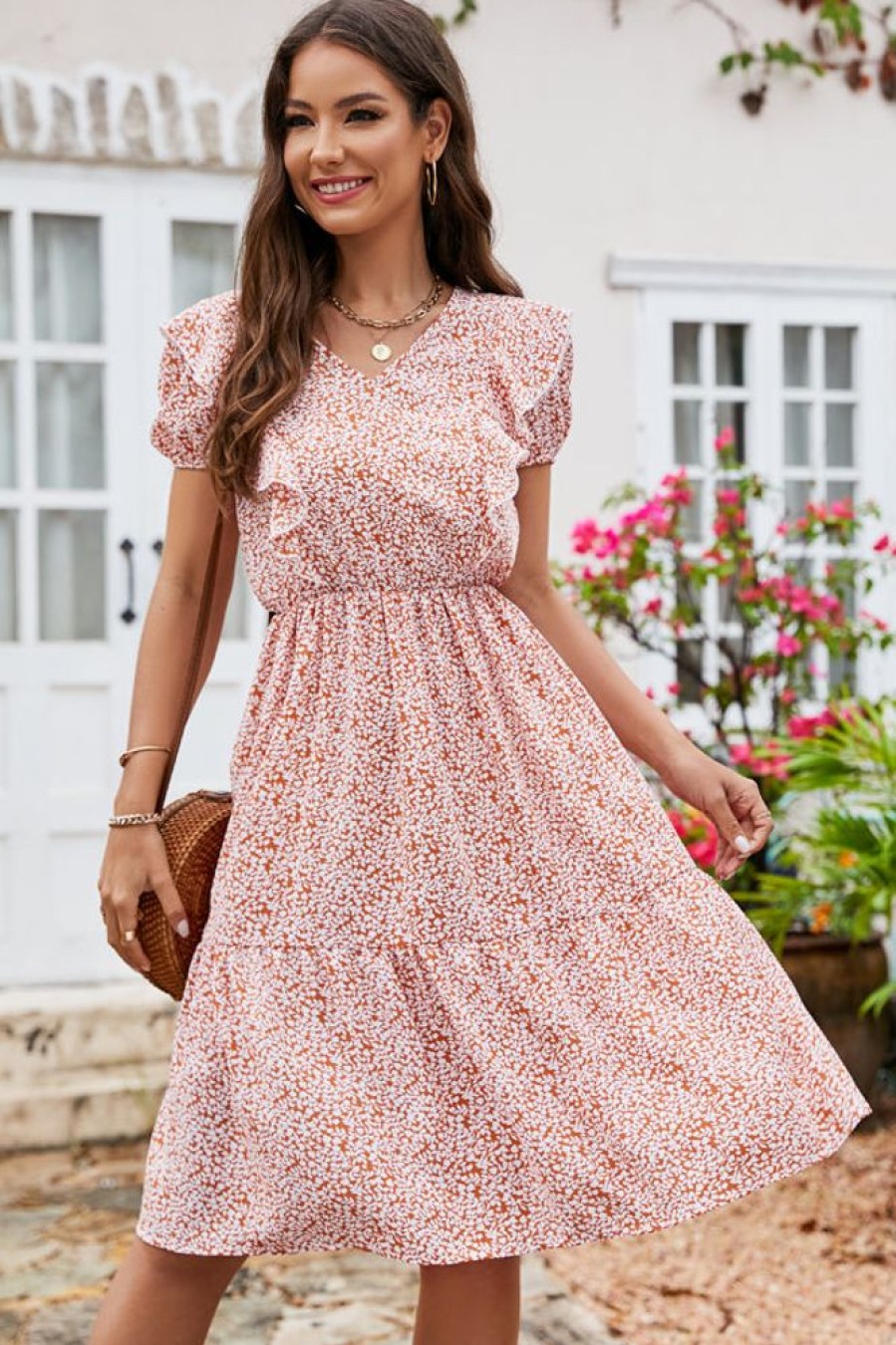 Women Beachsissi Printed Dress | Ruffled Floral Print Short Sleeves Midi Dress Salmon