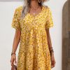 Women Beachsissi Printed Dress | Floral Print V Neck Short Sleeve Casual Dress Orange