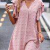 Women Beachsissi Solid Dress | Ruffle Shoulder V Neck Solid Casual Dress Pink