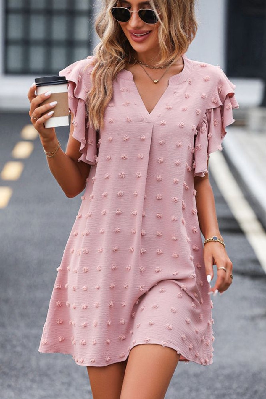 Women Beachsissi Solid Dress | Ruffle Shoulder V Neck Solid Casual Dress Pink