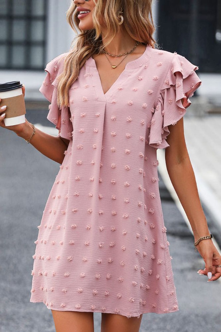 Women Beachsissi Solid Dress | Ruffle Shoulder V Neck Solid Casual Dress Pink