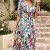 Women Beachsissi Printed Dress | V Neck Smocked Waist Floral Print Maxi Dress Lightseagreen