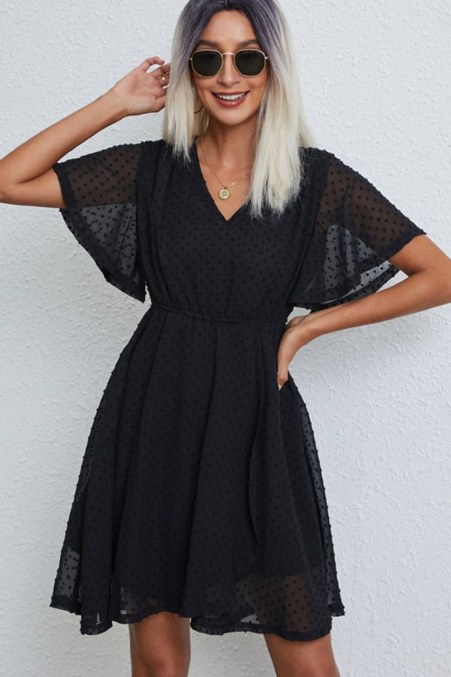 Women Beachsissi Casual Dress | Solid Color V Neck Casual Mini Dress Black