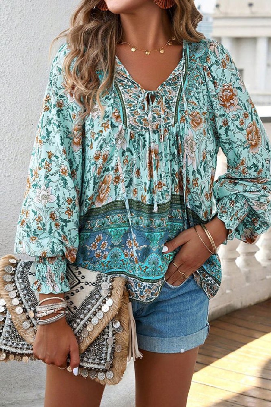 Women Beachsissi | Fashion Floral Print Long Sleeve Casual Tops Aquamarine