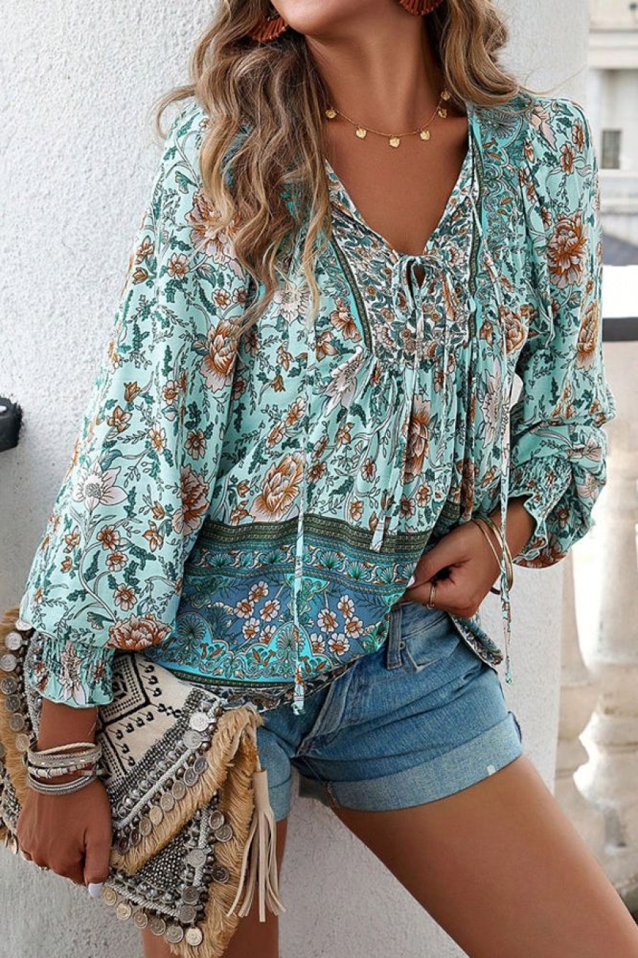 Women Beachsissi | Fashion Floral Print Long Sleeve Casual Tops Aquamarine