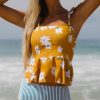 Women Beachsissi Tankini | Cute Girl Ruffle Shoulder Flower Print Tankini Set Orange