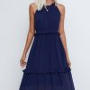 Women Beachsissi Solid Dress | Solid Color Halter Neck Sleeveless Maxi Dress Navy