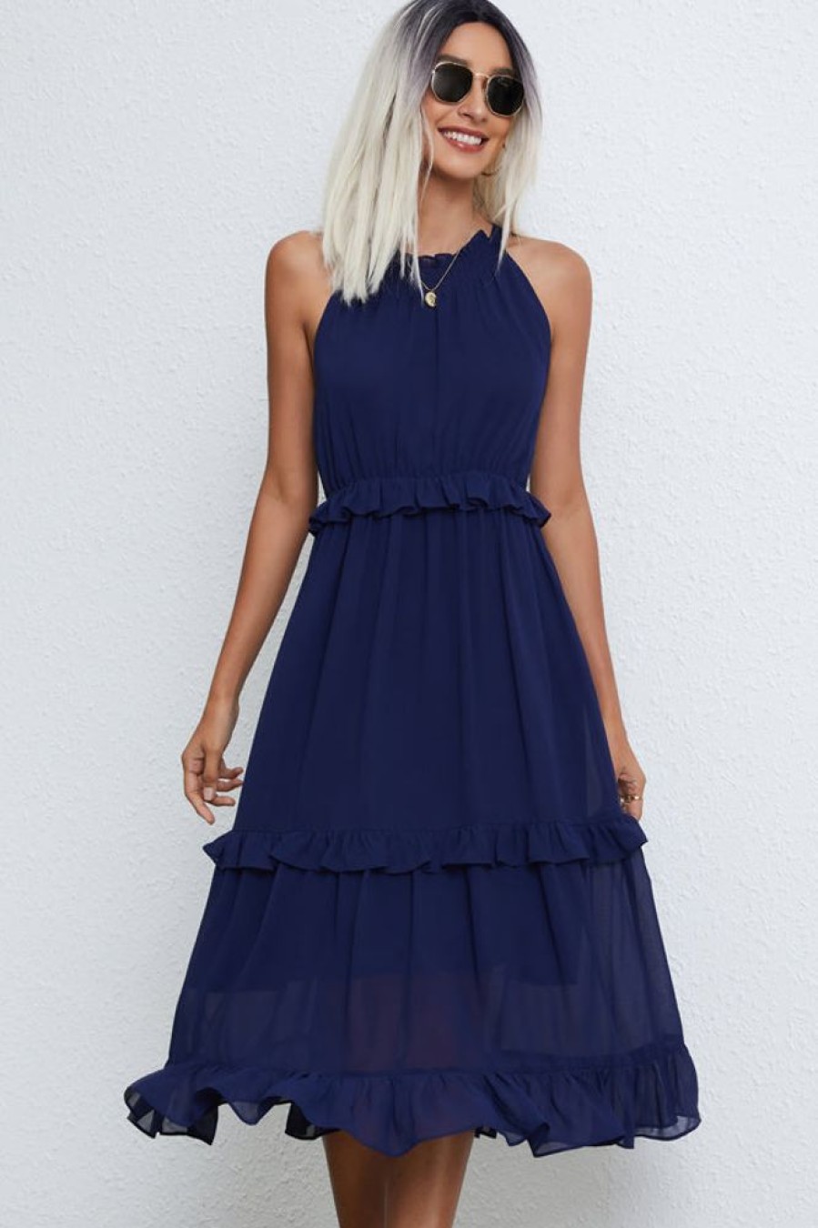 Women Beachsissi Solid Dress | Solid Color Halter Neck Sleeveless Maxi Dress Navy