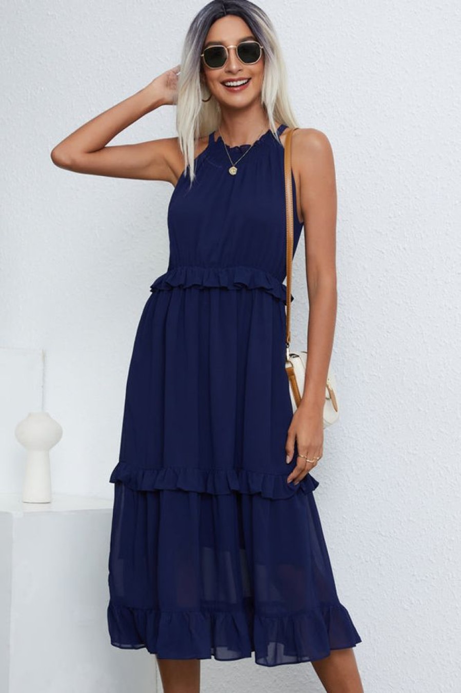 Women Beachsissi Solid Dress | Solid Color Halter Neck Sleeveless Maxi Dress Navy