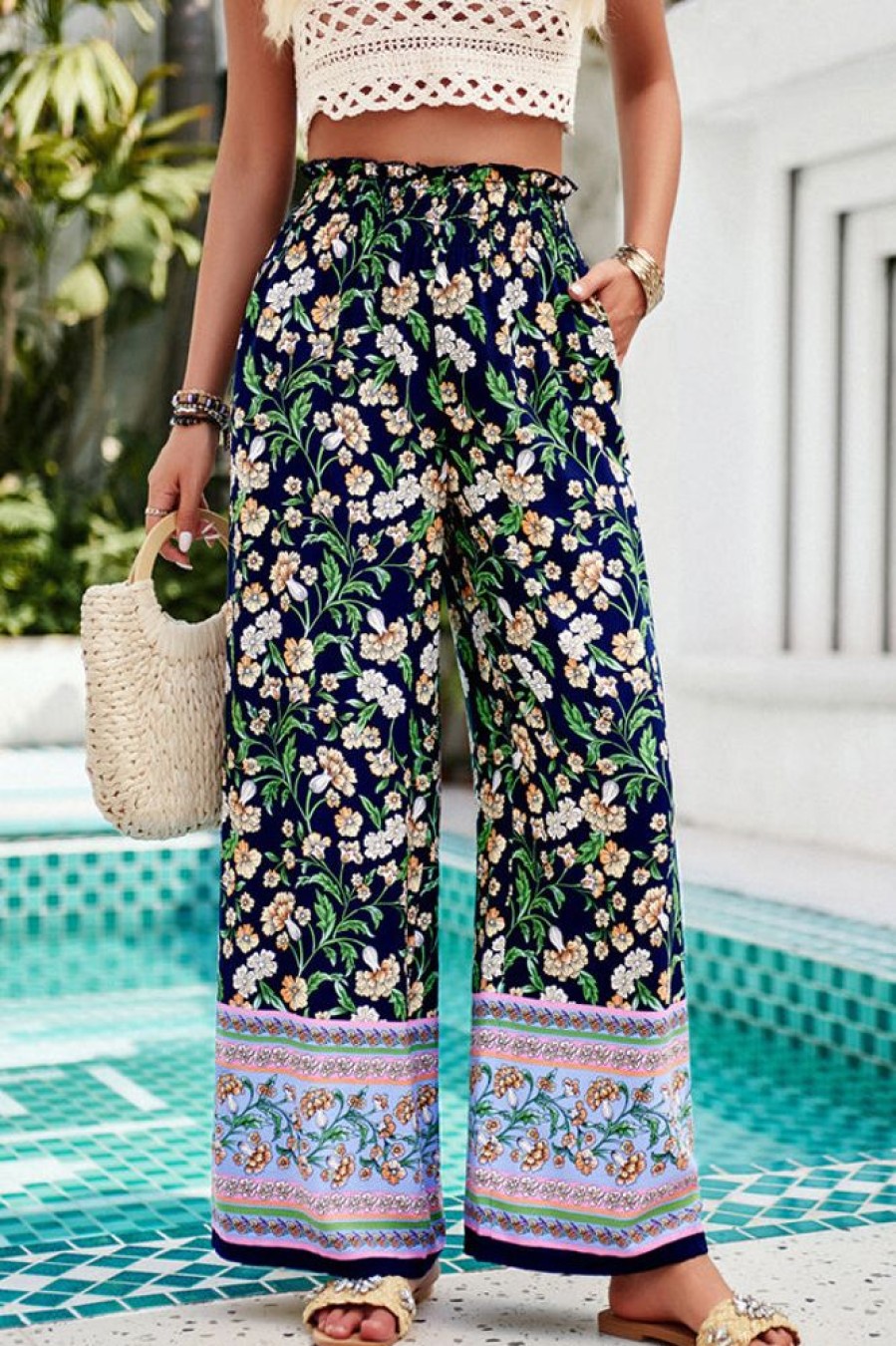 Women Beachsissi | Bohemia Floral Print Smocked Waist Pants Navy