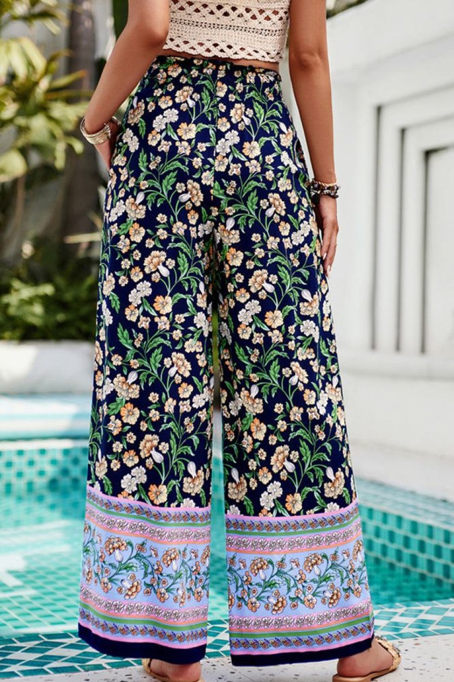 Women Beachsissi | Bohemia Floral Print Smocked Waist Pants Navy