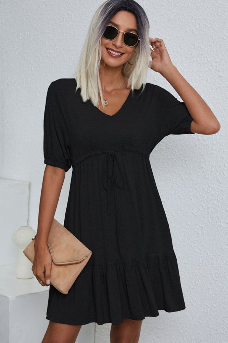 Women Beachsissi Solid Dress | V Neck Drawstring Waist Solid Casual Mini Dress Black