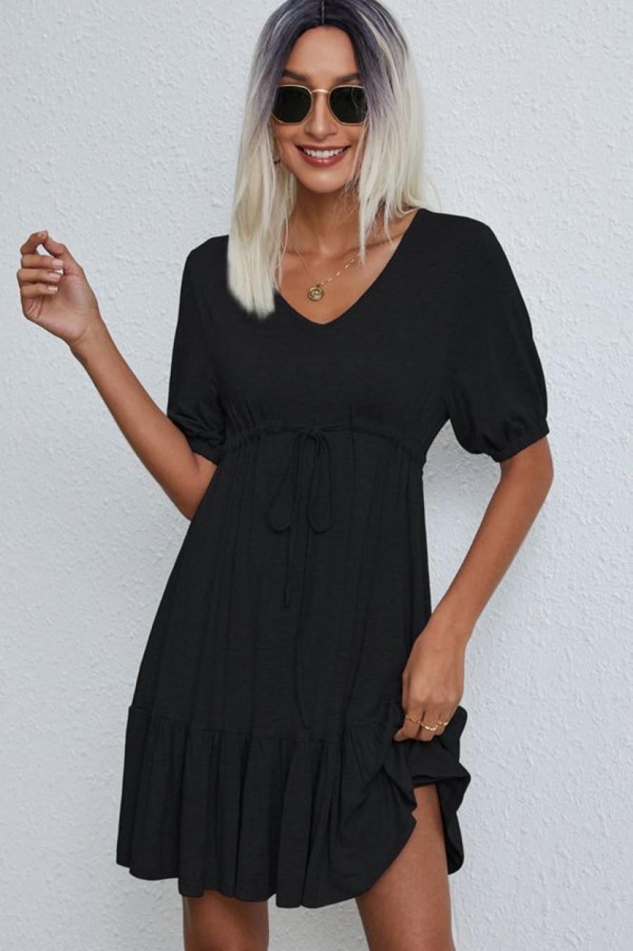 Women Beachsissi Solid Dress | V Neck Drawstring Waist Solid Casual Mini Dress Black