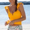 Women Beachsissi Tankini | Ruched Tummy Control Ruffle Shoulder Tankini Set Orange