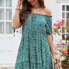 Women Beachsissi Printed Dress | Floral Print Off Shoulder Lace Up Mini Dress Green