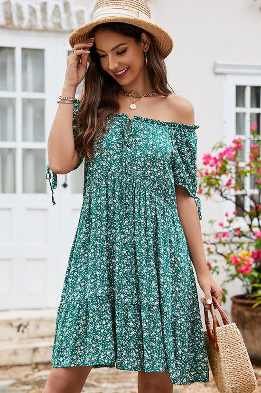 Women Beachsissi Printed Dress | Floral Print Off Shoulder Lace Up Mini Dress Green