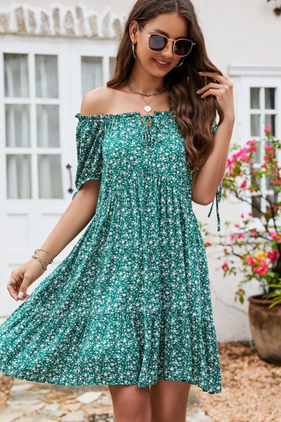 Women Beachsissi Printed Dress | Floral Print Off Shoulder Lace Up Mini Dress Green