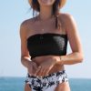 Women Beachsissi Bikini | Leaf Print Bandeau Smocked Bikini Set Black