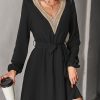 Women Beachsissi Solid Dress | Fashion V Neck Solid Lace Long Sleeve Dress Black