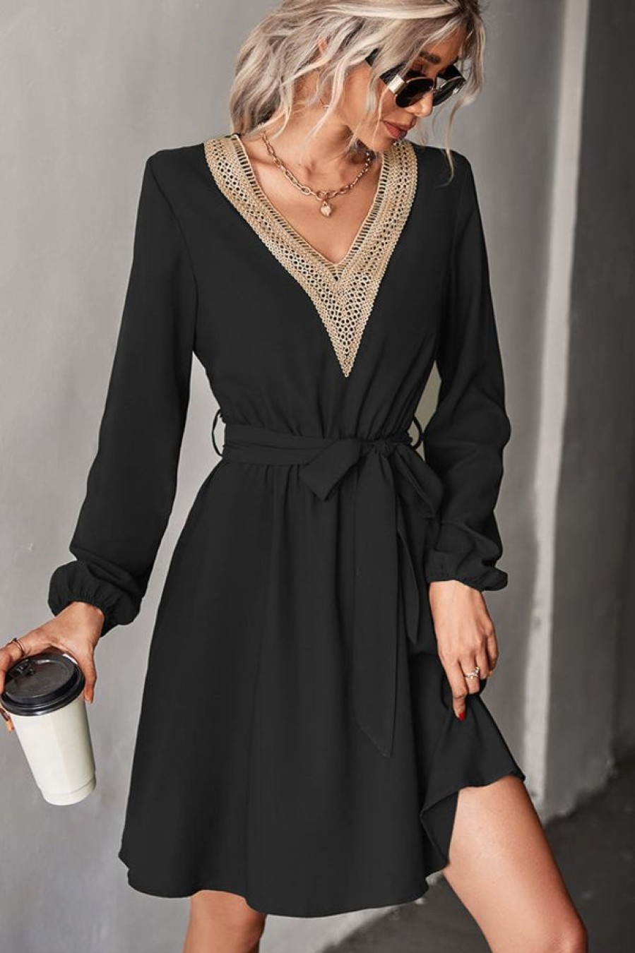 Women Beachsissi Solid Dress | Fashion V Neck Solid Lace Long Sleeve Dress Black