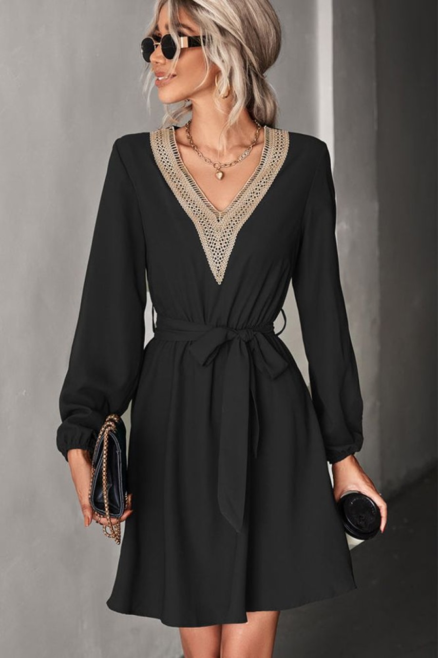 Women Beachsissi Solid Dress | Fashion V Neck Solid Lace Long Sleeve Dress Black