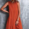 Women Beachsissi Solid Dress | Ruffled Round Neck Solid Sleeveless Mini Dress Orangered