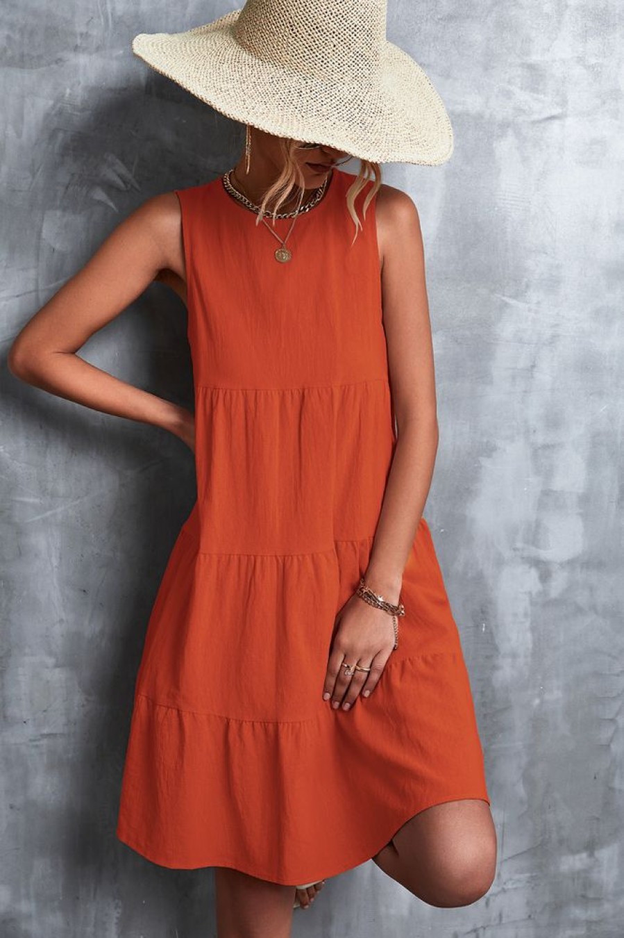 Women Beachsissi Solid Dress | Ruffled Round Neck Solid Sleeveless Mini Dress Orangered