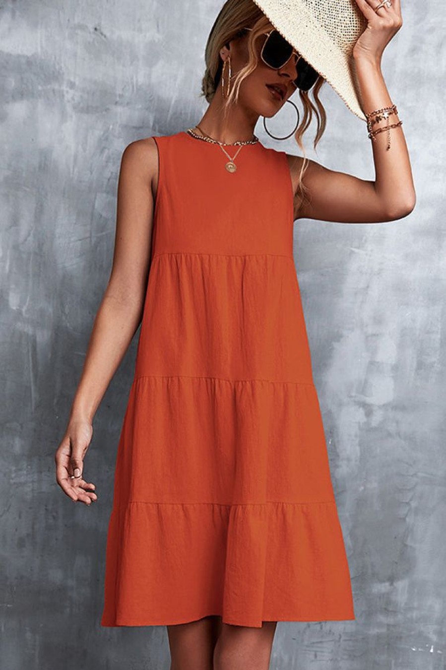 Women Beachsissi Solid Dress | Ruffled Round Neck Solid Sleeveless Mini Dress Orangered