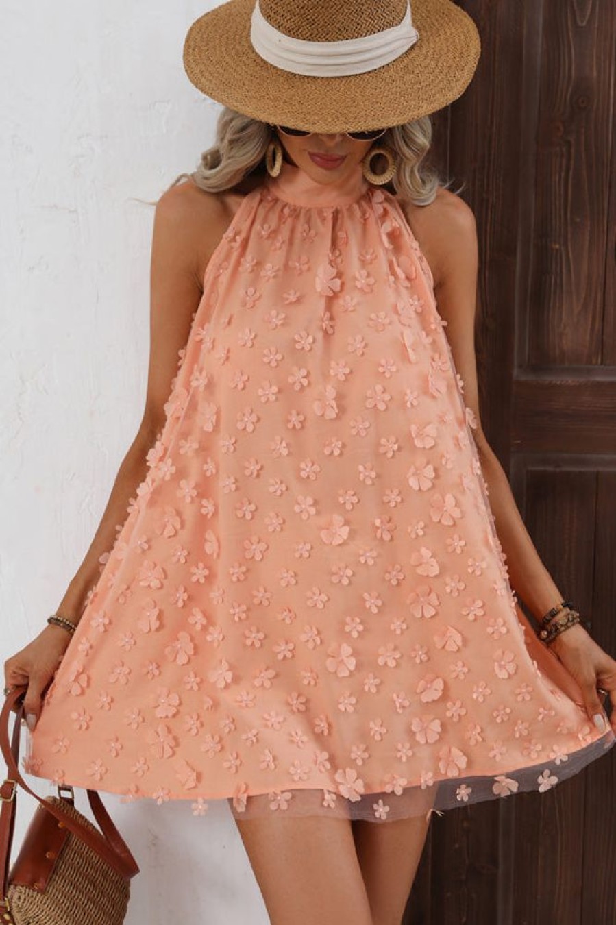 Women Beachsissi Solid Dress | Flower Halter Neck A Style Solid Casual Dress Lightsalmon