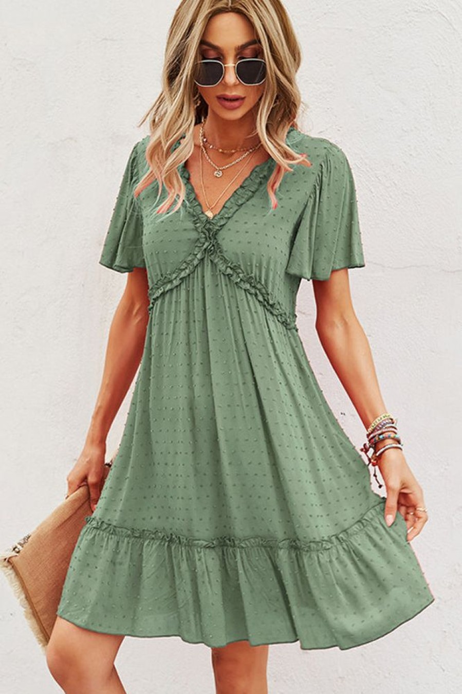 Women Beachsissi Solid Dress | Fashion V Neck High Waist Solid Casual Dress Darkseagreen