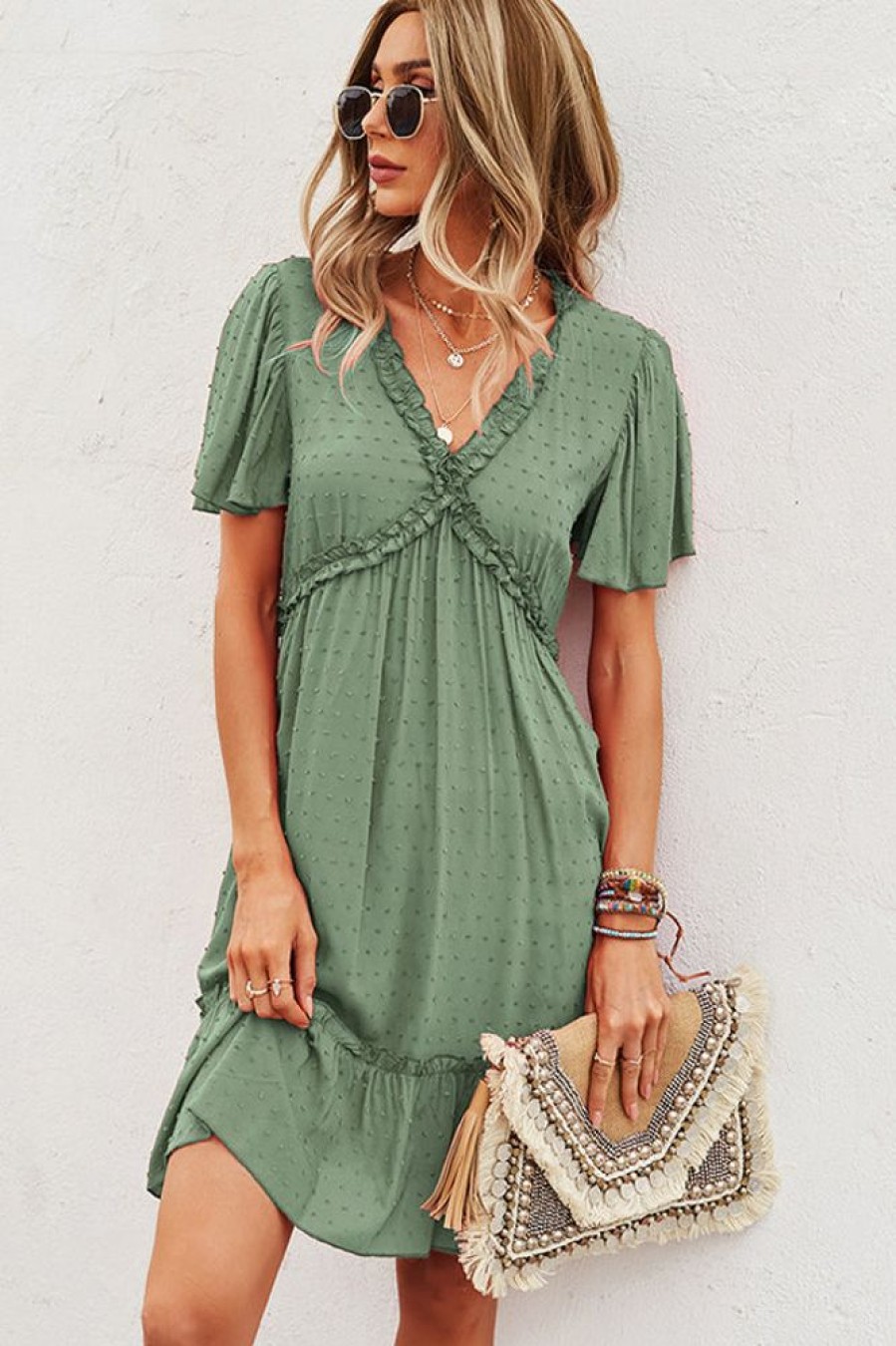 Women Beachsissi Solid Dress | Fashion V Neck High Waist Solid Casual Dress Darkseagreen