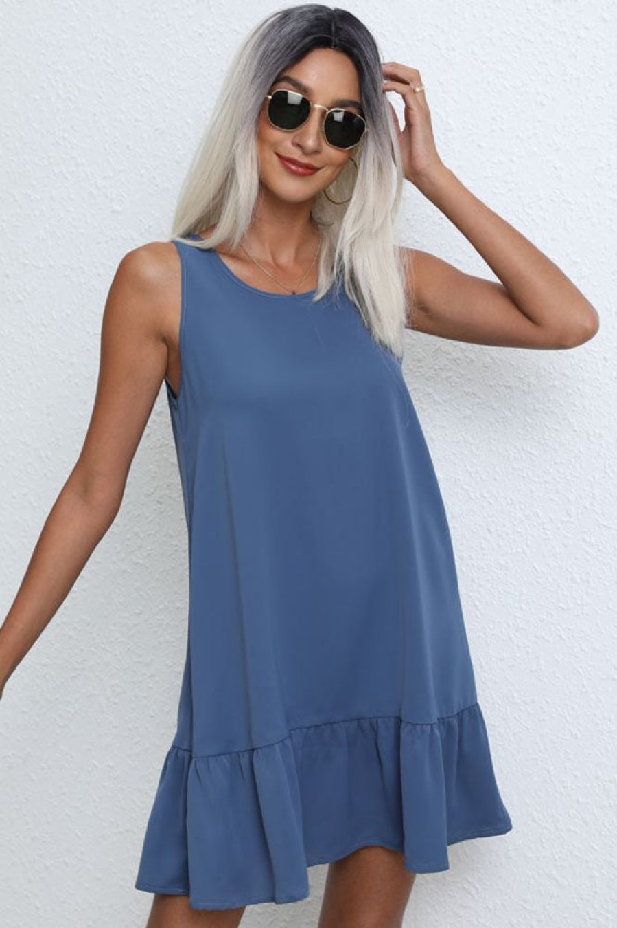 Women Beachsissi Solid Dress | Fashion Solid Color Ruffle Hem Mini Dress Cornflowerblue