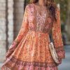 Women Beachsissi Printed Dress | Fashion Floral Print Long Sleeve Casual Dress Coral