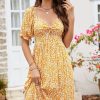 Women Beachsissi Printed Dress | Floral Print Hook Design V Neck Casual Dress Orange