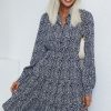 Women Beachsissi Printed Dress | Long Sleeve Printed Lapel Midi Dress Navy