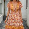 Women Beachsissi Casual Dress | Bohemia Print V Neck Short Sleeve Casual Dress Orange