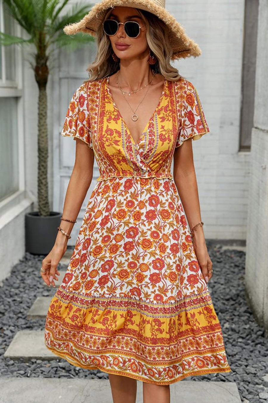 Women Beachsissi Casual Dress | Bohemia Print V Neck Short Sleeve Casual Dress Orange