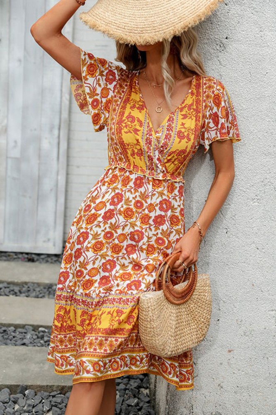 Women Beachsissi Casual Dress | Bohemia Print V Neck Short Sleeve Casual Dress Orange