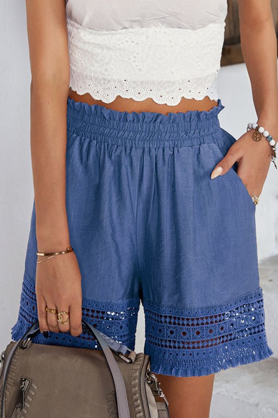 Women Beachsissi | Lace Patchwork High Waisted Loose Fit Shorts Royalblue