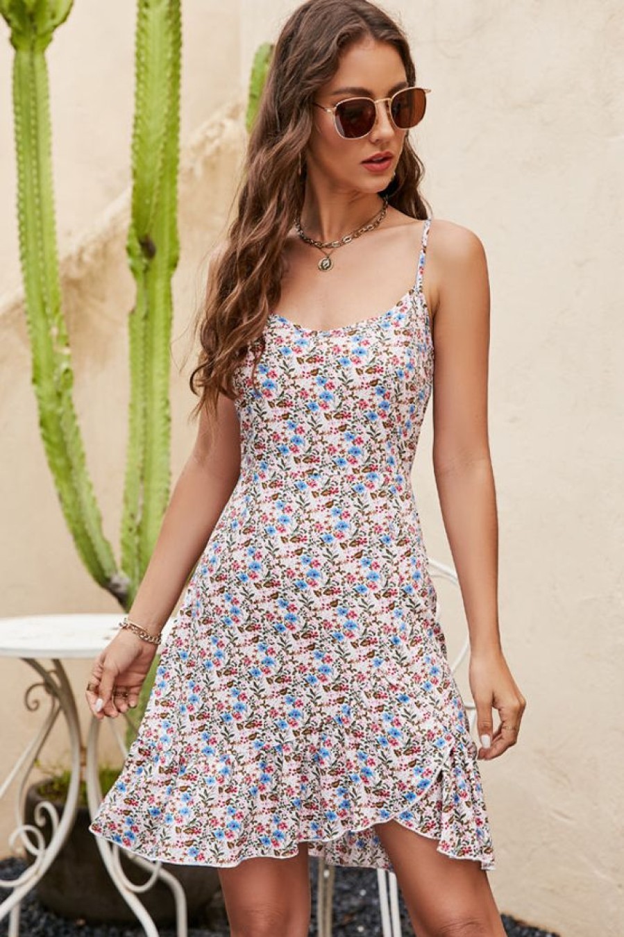 Women Beachsissi Printed Dress | Fashion Floral Print Frill Sleeveless Casual Dress Deepskyblue