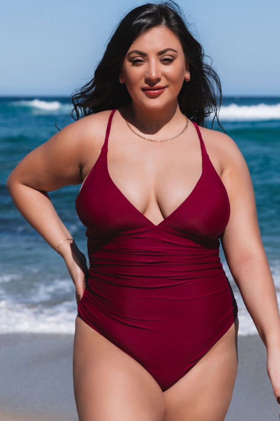 Women Beachsissi One Piece | Plus Size Solid Color Cross Back One Piece Swimwear Red