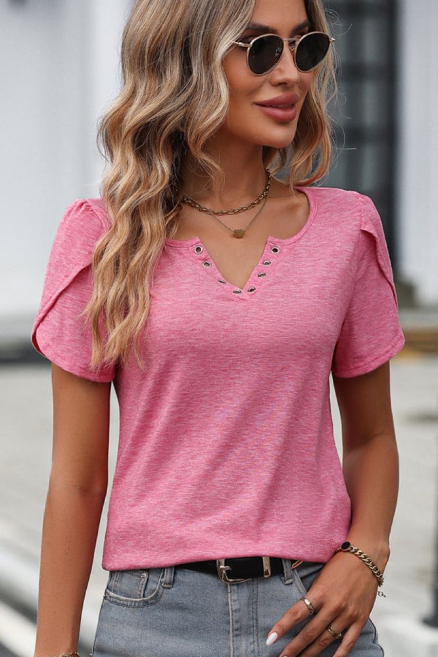 Women Beachsissi | Button V Neck Solid Casual Tops Pink