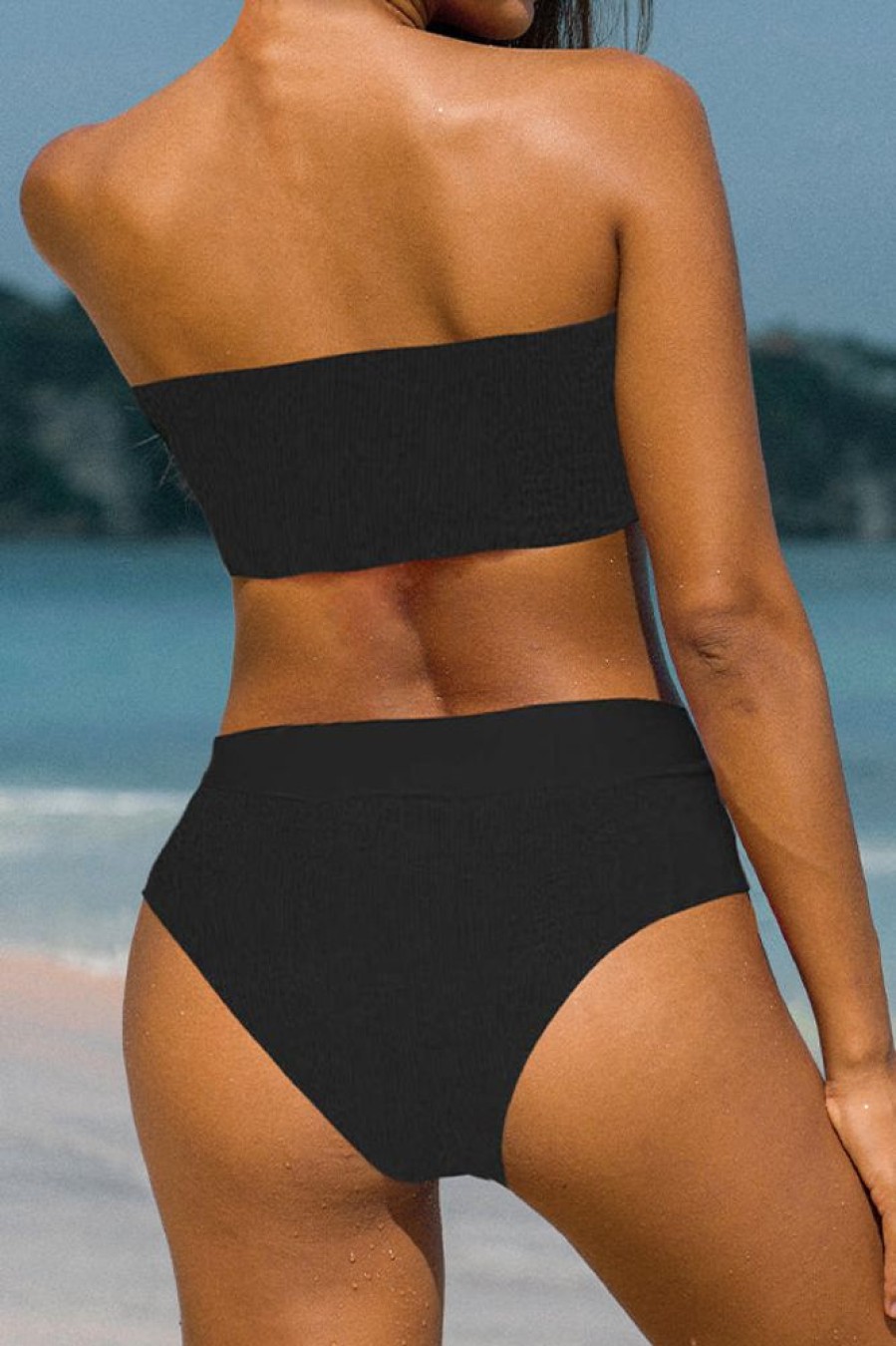 Women Beachsissi Bikini | High Waist Solid Color Ribbed Bikini Set Black