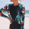 Women Beachsissi Surfing | Floral Print Patchwork Sun Shield One Piece Rashguard Black