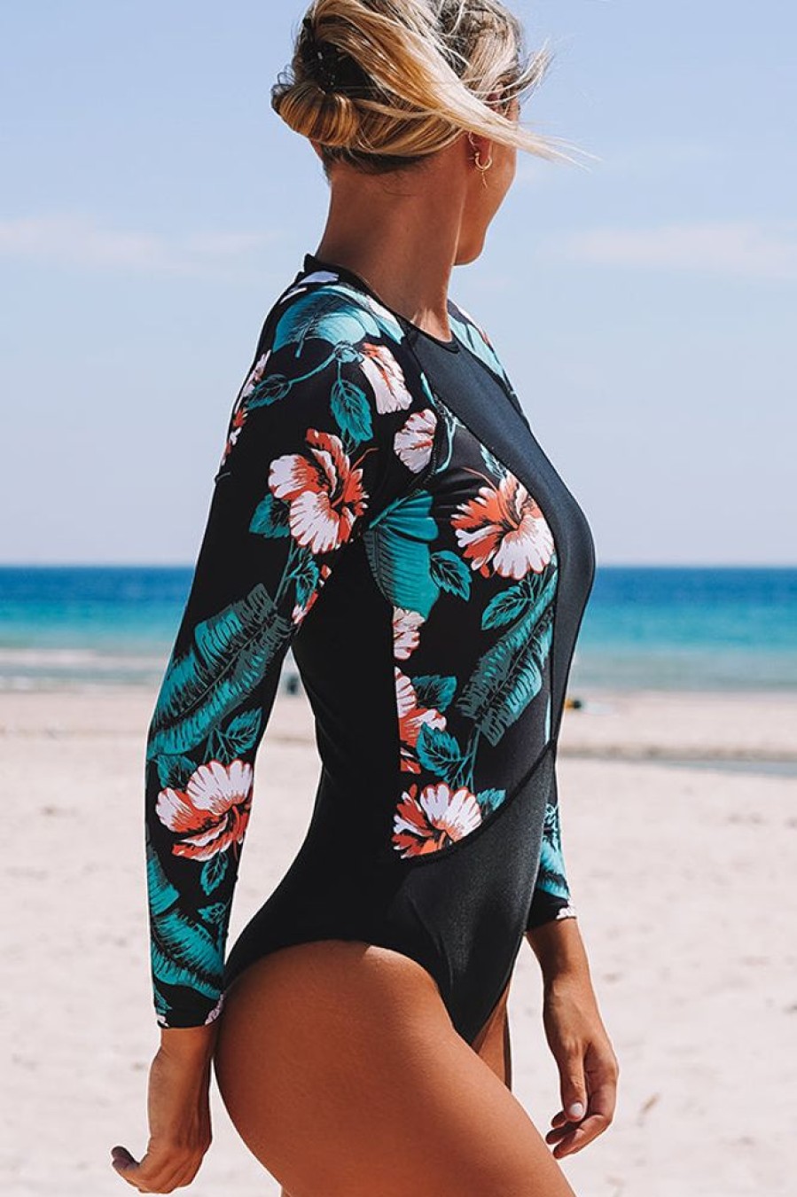 Women Beachsissi Surfing | Floral Print Patchwork Sun Shield One Piece Rashguard Black