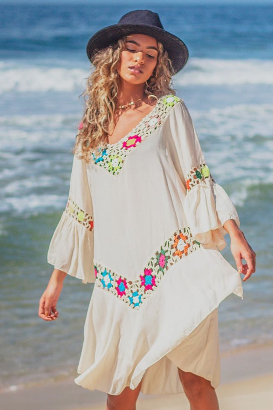 Women Beachsissi Cover Ups | Hollow Patchwork V Neck Swimwear Cover Up White