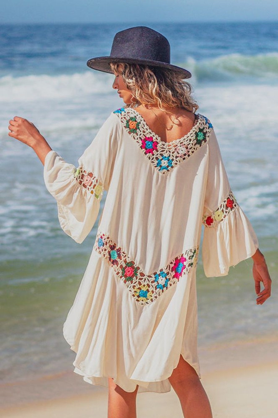 Women Beachsissi Cover Ups | Hollow Patchwork V Neck Swimwear Cover Up White