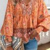 Women Beachsissi | Floral Print Long Sleeve V Neck Casual Tops Coral