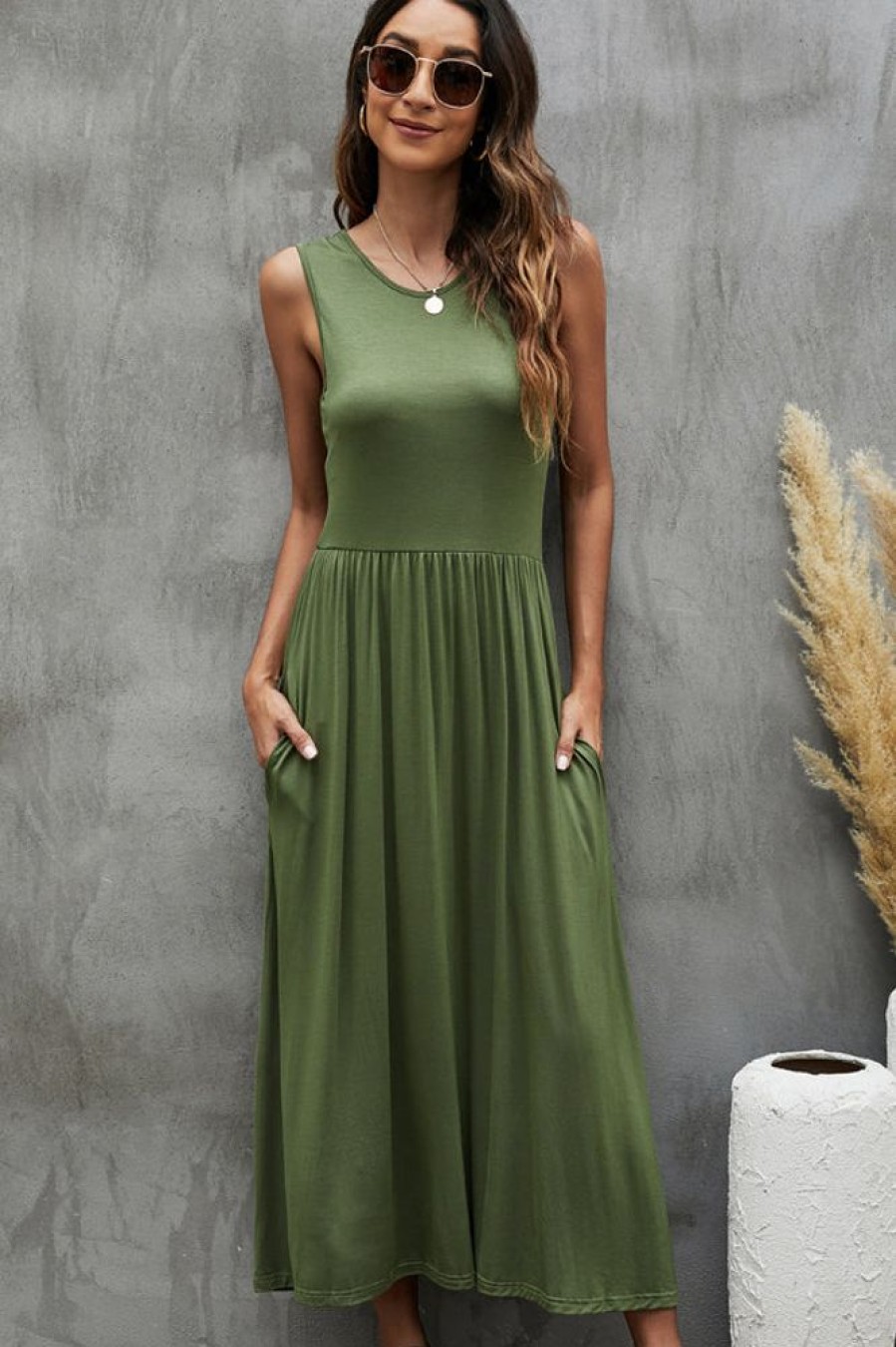 Women Beachsissi Solid Dress | Fashion Solid Color Sleeveless Casual Dress Darkolivegreen