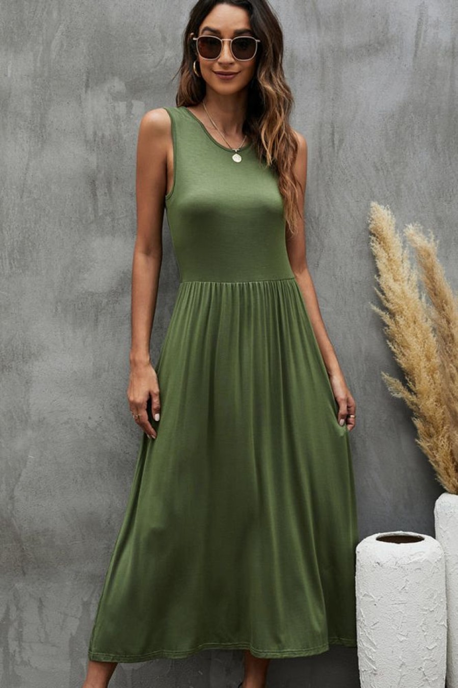 Women Beachsissi Solid Dress | Fashion Solid Color Sleeveless Casual Dress Darkolivegreen